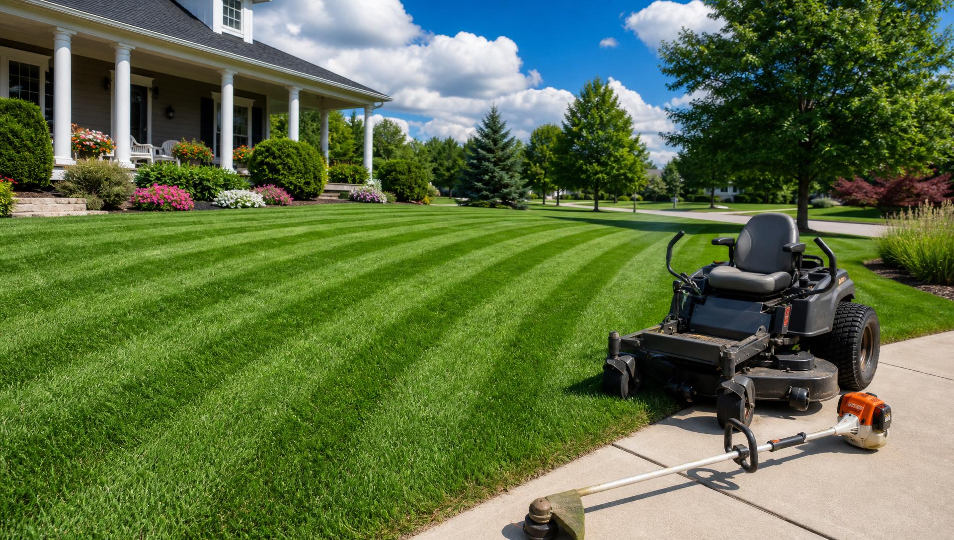 Professional lawn care equipment on a freshly mowed, striped residential lawn with a beautiful home in the background